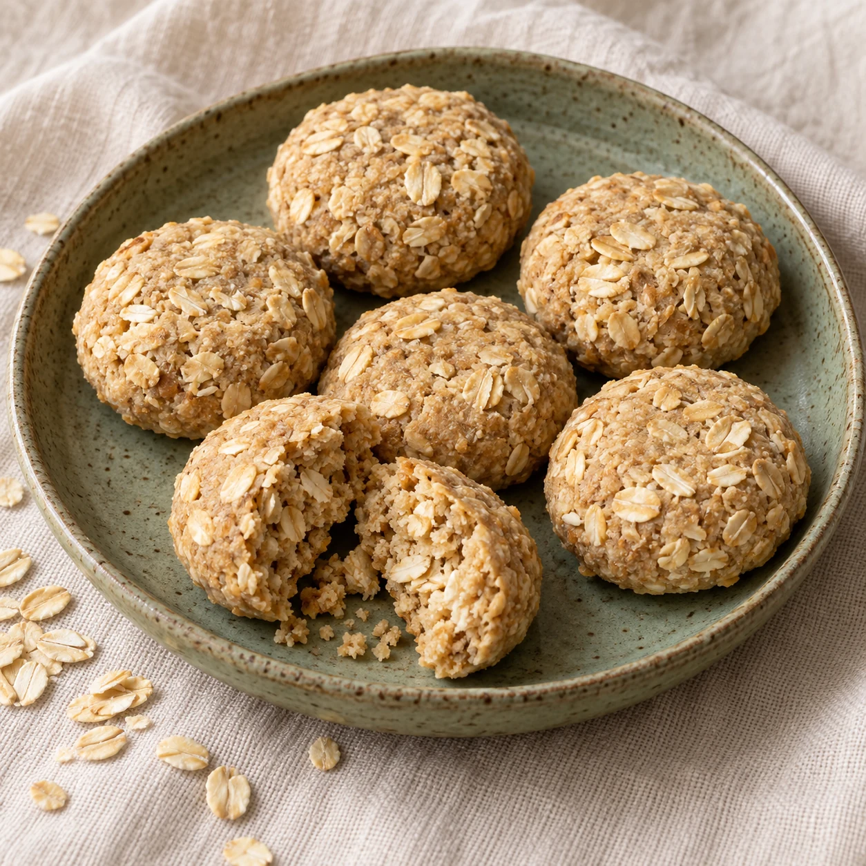 Rustic oats pinnis on a sage ceramic plate, AI-created scene